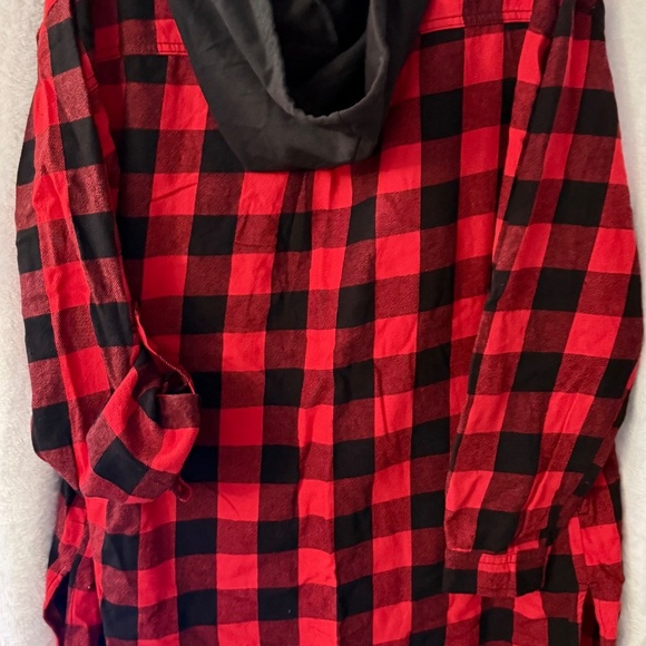 RISEN LOS ANGELES RED & BLACK LONG HOODED FLANNEL SHACKET - Picture 3 of 8